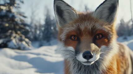 Obraz premium A realistic photo captures a red fox in a close-up portrait, set against a snowy backdrop.