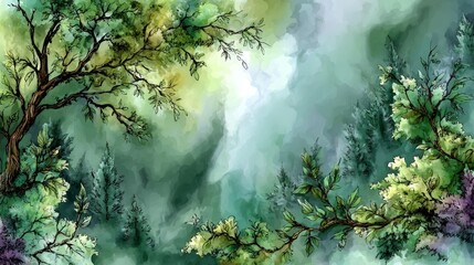 Fototapeta premium enchanted forest watercolor painting: mystical treetop view