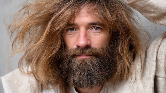 Man with Long Hair and Beard Posing Against Neutral Background in Casual Attire, Soft Focus on Expression