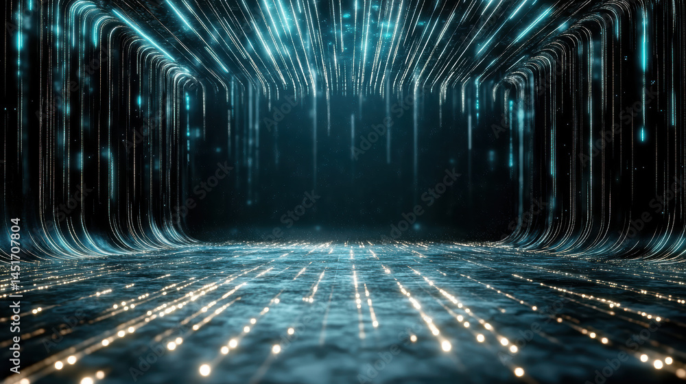 Poster glowing tech lines create abstract soundwave grid dark background, evoking sense of depth