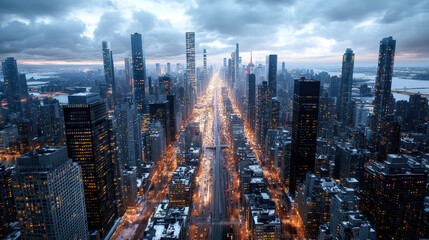 Naklejka premium Aerial cityscape at twilight showcasing skyscrapers and glowing lights under dramatic sky