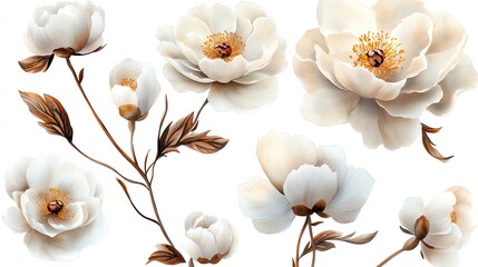 White Flowers Brown Stems Botanical Illustration