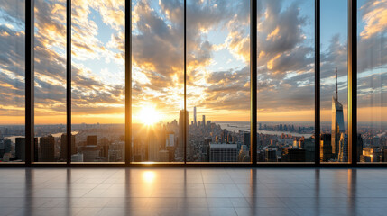 Fototapeta premium Stunning cityscape with radiant sunset reflecting through large windows, creating warm