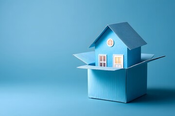Blue House Model in a Box Representing New Home Purchase or Relocation