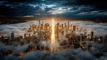 Obraz premium City skyline emerging from pastel fog at dusk, illuminated by golden light