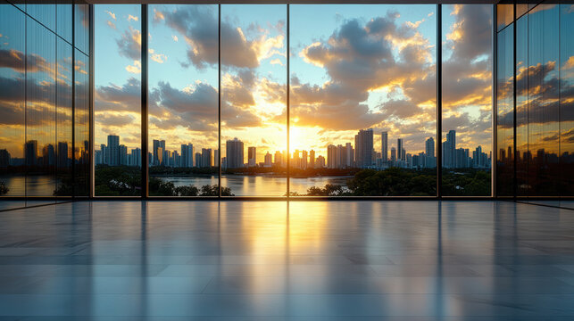 Stunning city skyline at sunset, with reflections on floor and clouds in sky