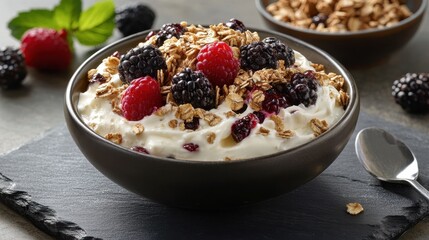 A bowl of yogurt with berries and granola on dark stone looks delicious. Perfect for healthy breakfasts, snacks, or promoting food related content.