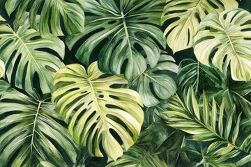 Lush tropical leaves in various shades of green