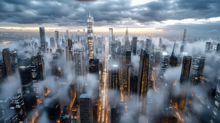 Futuristic cityscape with towering skyscrapers and fog enveloping skyline at dusk