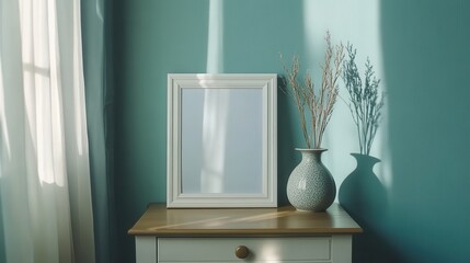 White frame with vase on the dresser near the curtain, teal background. Showcase art or create a mock-up for home decoration advertisement.