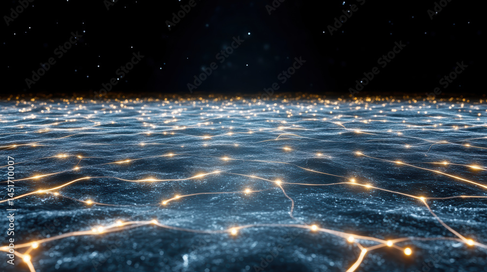 Poster futuristic neural light paths create mesmerizing glow over dark surface, evoking sense of wonder