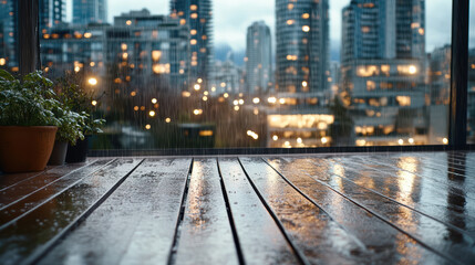 Gentle rooftop rain creates serene atmosphere with reflections on wooden floor