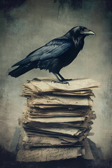 Fototapeta premium a raven perched on a stack of unread letters, secrets and silence, painted in moody vintage style