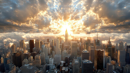 Majestic city skyline with dramatic clouds and sunlight breaking through, creating stunning view