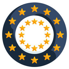 European Union emblem with twelve golden stars forming a circle on a blue background. The official symbol of Europe, a sign of unity, cooperation, and European democratic values.