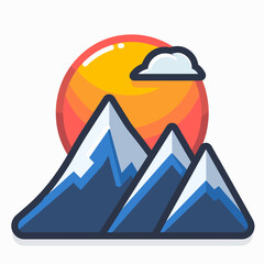 Mountain landscape illustration with snowy peaks set against a rising sun. An icon for travel, tourism, mountaineering, and outdoor activities, a symbol of nature and dawn adventure.