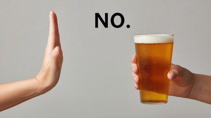 Saying "No" to alcohol. A person refuses to drink beer. A man declines a proposal to drink a beer glass being offered
