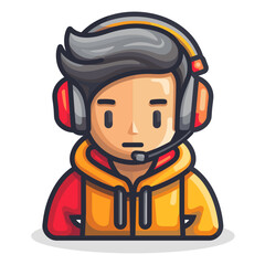 Cartoon gaming avatar, esports concept, streamer portrait, modern male gamer wearing headset and yellow hoodie, illustration for gaming industry.
