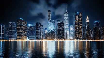 Obraz premium Futuristic skyline at night with shimmering buildings reflecting on water