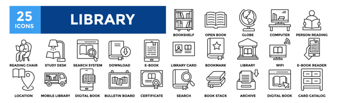 Library icon collection set. Containing design Bookshelf, Open book, Globe, Library Computer, Person reading
