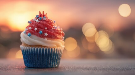 Red, white, and blue cupcake with star sprinkles, celebrating American Independence Day with festive joy.