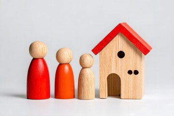 Wooden Family Figures and Red Roof House Representing Home Ownership and Family Life