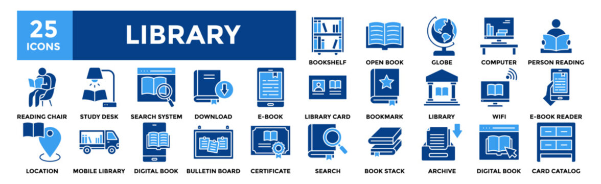 Library icon collection set. Containing design Bookshelf, Open book, Globe, Library Computer, Person reading