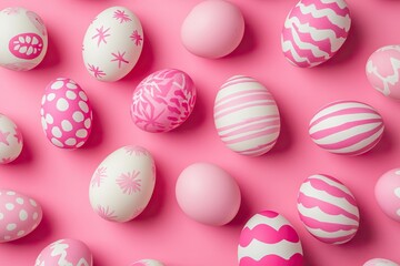 Pink Easter eggs scattered on a pink background
