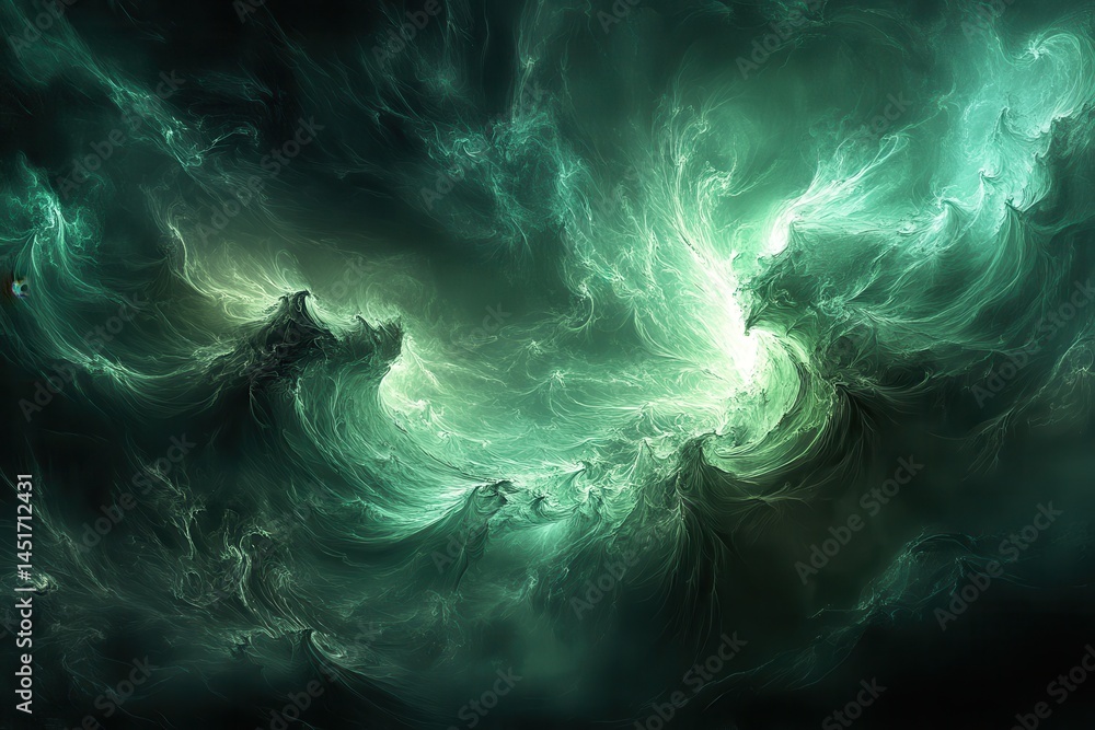 Poster an abstract digital rendering with shades of green, resembling smoke or waves. use for backgrounds, 