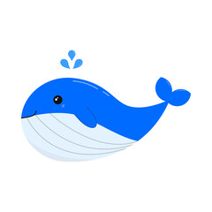 Blue whale cartoon illustration.Smiling little whale swimming in the ocean isolated on white background.Vector graphic illustration.Aquatic animal, cute marine fish swimming in summer.