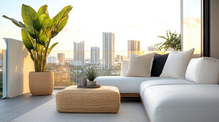Luxurious living room with modern decor, featuring cozy sofa, plants, and stunning skyline view