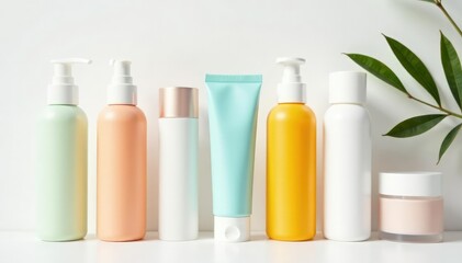 Various skincare products against white backdrop , lid, glossy, beauty