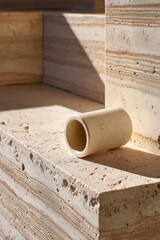 Travertine stone surface with natural texture and small cylindrical object resting on it, warm sunlight casting soft shadows creating calm and earthy atmosphere