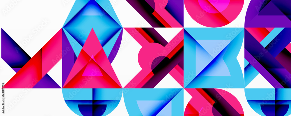 Poster abstract geometric shapes, vibrant colors, modern design. triangles, squares, circles intersect crea