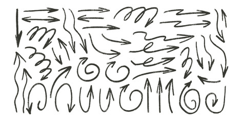 Arrows charcoal drawn. Straight and curved thin pointers doodle elements set. Scribble freehand arrow markers Vector illustration by pencil. Grunge chalk freehand graphic on white background.