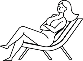 Relaxed summer scene of a woman reclining on beach lounge chair in minimalist line art style great for vacation travel branding and beach themed relaxation visuals