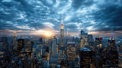 Stunning skyline view at sunset with dramatic clouds over modern cityscape