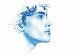 Thoughtful portrait of a young man with curly hair – meditative vector illustration for reflection and creative concepts