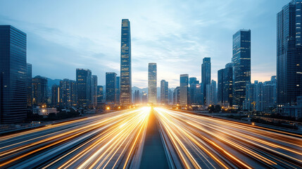 Obraz premium Stunning cityscape dusk, showcasing megacity skyline with illuminated skyscrapers and light