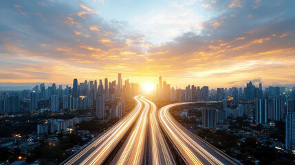 Fototapeta premium Stunning sunset horizon above megacity with long exposure view showcasing vibrant colors