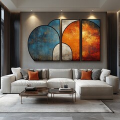 Abstract art triptych decorates modern living room