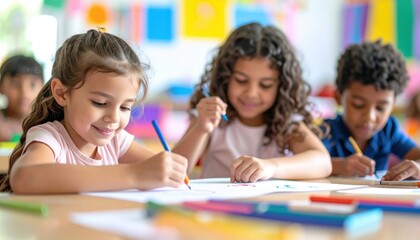 Fototapeta premium Creative art session classroom children engaged in drawing bright and colorful environment close-up perspective fostering imagination