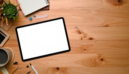 Creative workspace setup with digital tablet home office workspace design cozy environment top-down view productivity concept