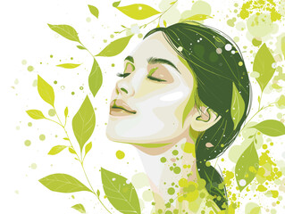 Serenity in Green: Female Face, Closed Eyes, Nature, Watercolor Leaves, Tranquility, Natural Beauty, Green Palette.