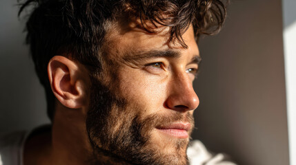 Fototapeta premium Thoughtful man with tousled hair gazes out of window, capturing moment of reflection