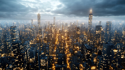 Naklejka premium Twilight city skyline with glowing lights and soft haze creates mesmerizing view