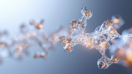 close up view of molecular structure showcasing intricate connections and glowing elements, representing scientific innovation