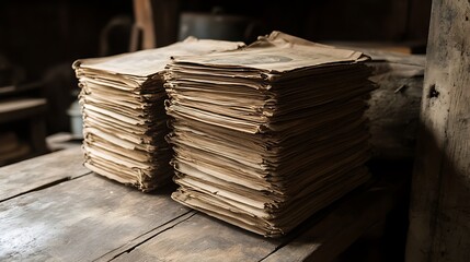 Stacked documents on wooden surface