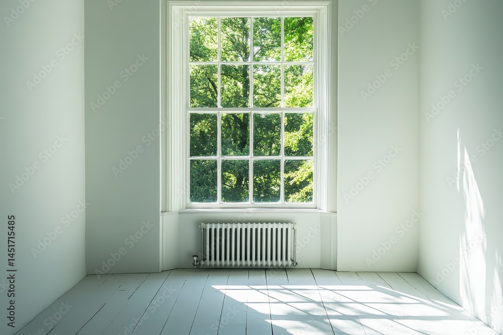 Poster empty white room with window overlooking green trees and light painted floor. use this room scene as