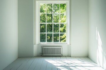 Fototapeta premium Empty white room with window overlooking green trees and light painted floor. Use this room scene as backdrop for design and decoration projects.
